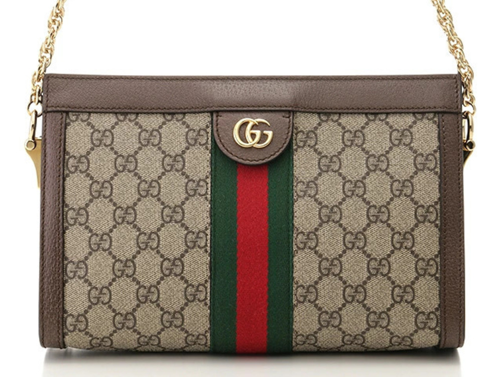 Gucci Ophidia Chain Shoulder Bag GG Canvas Calfskin Dark Brown Beige Cream